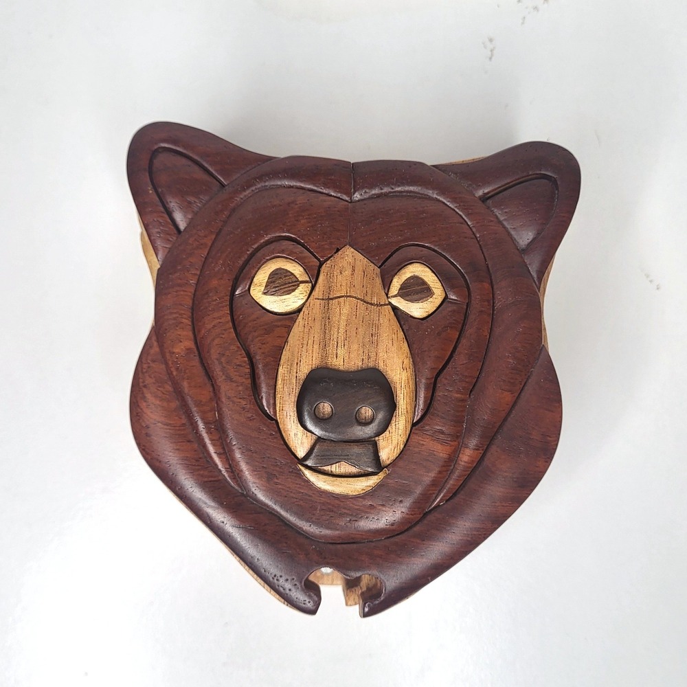 Handmade Intarsia Wood Bear Puzzle Box Secret Jewelry Trinket Stash Brown